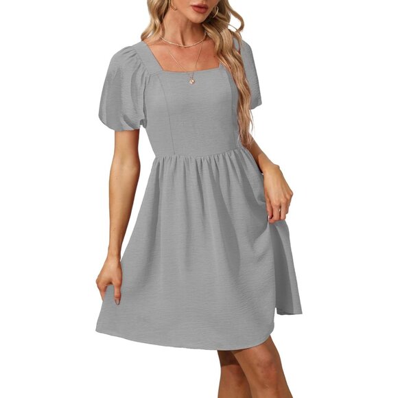 Ofeefan Women Grey Puff Sleeve Square Neck Tie in Back Dresses with Zipper - Picture 2 of 4
